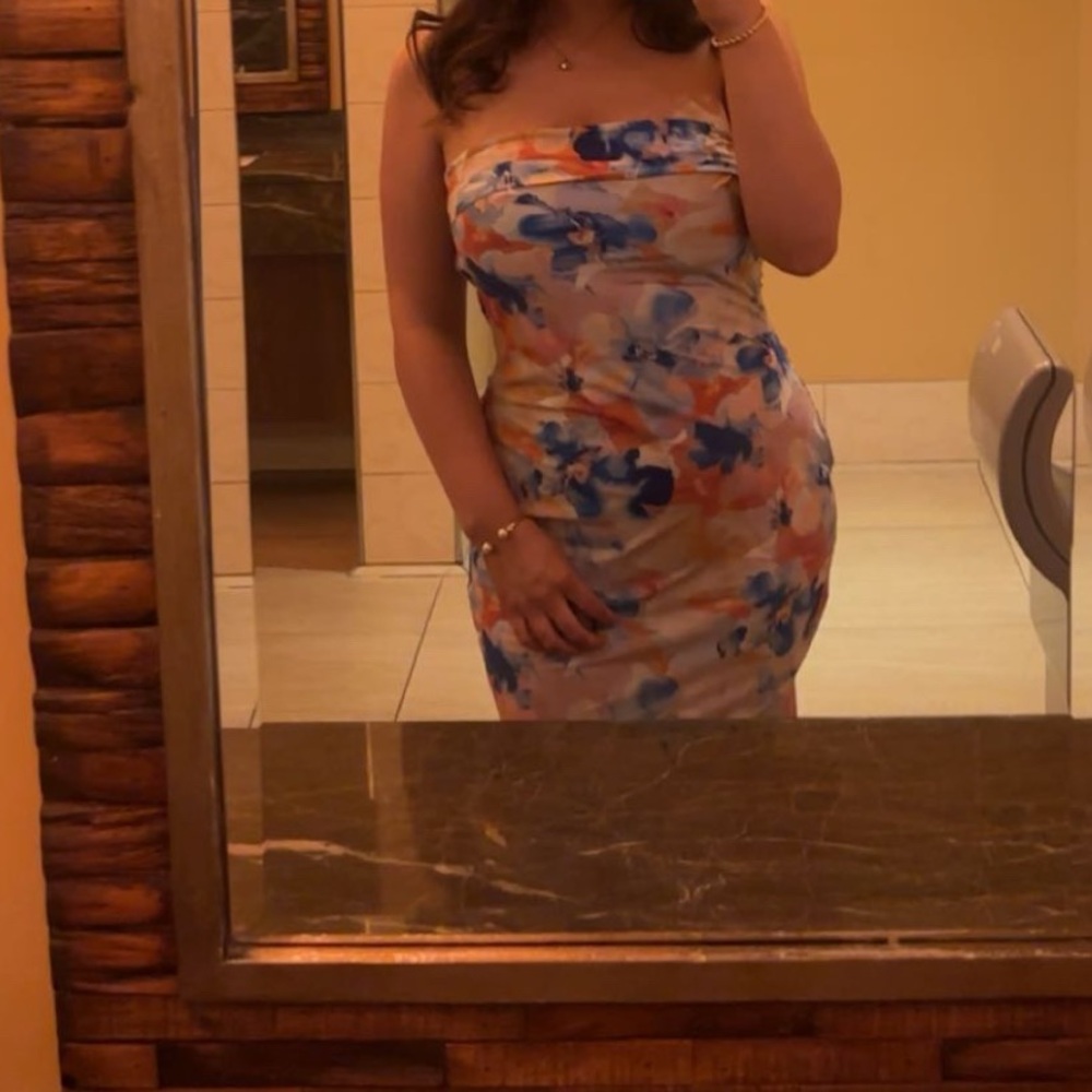 SHEIN Strapless Floral Dress in Blue and Orange
